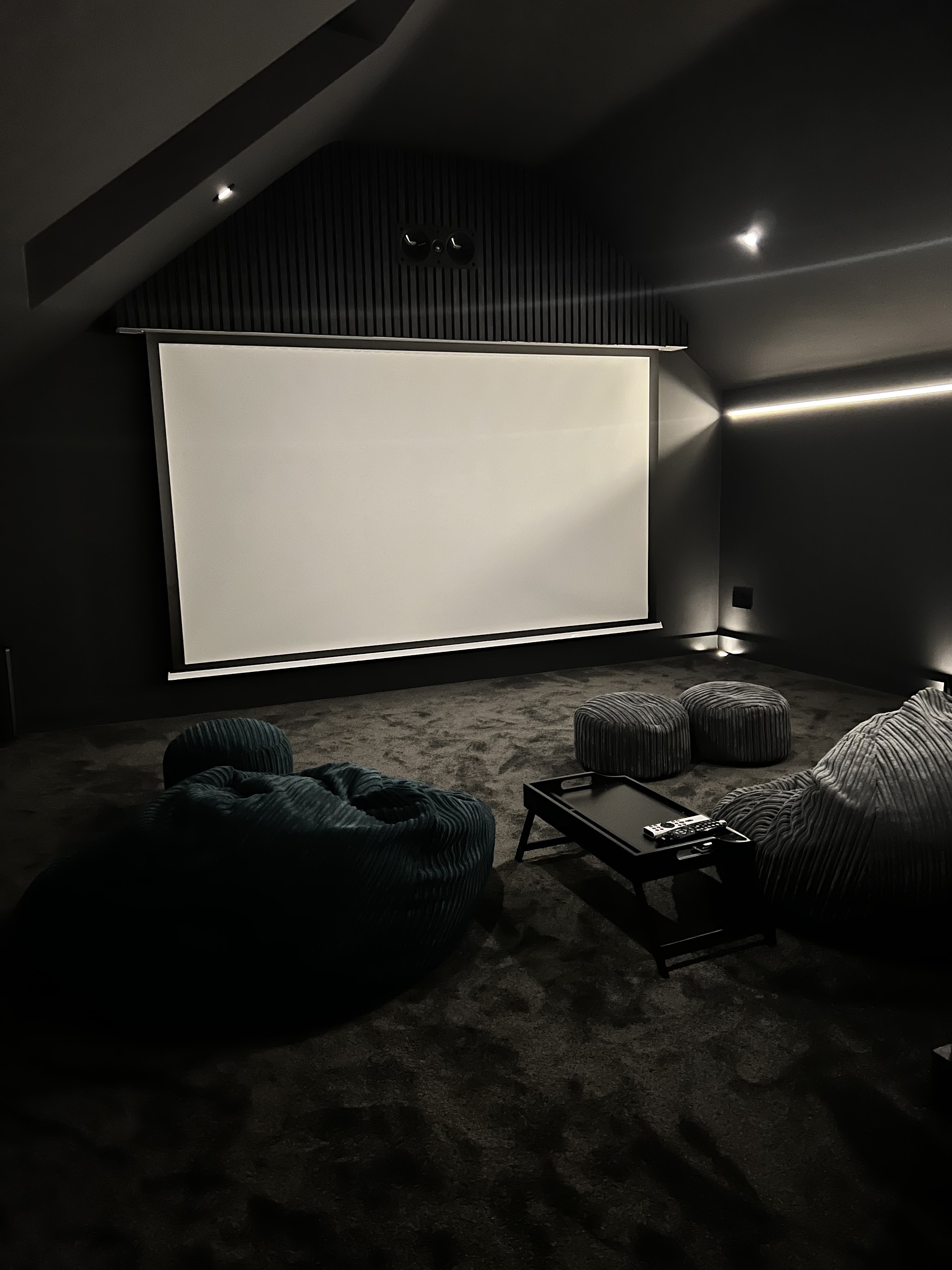 Home cinema room painted dark with a projector screen