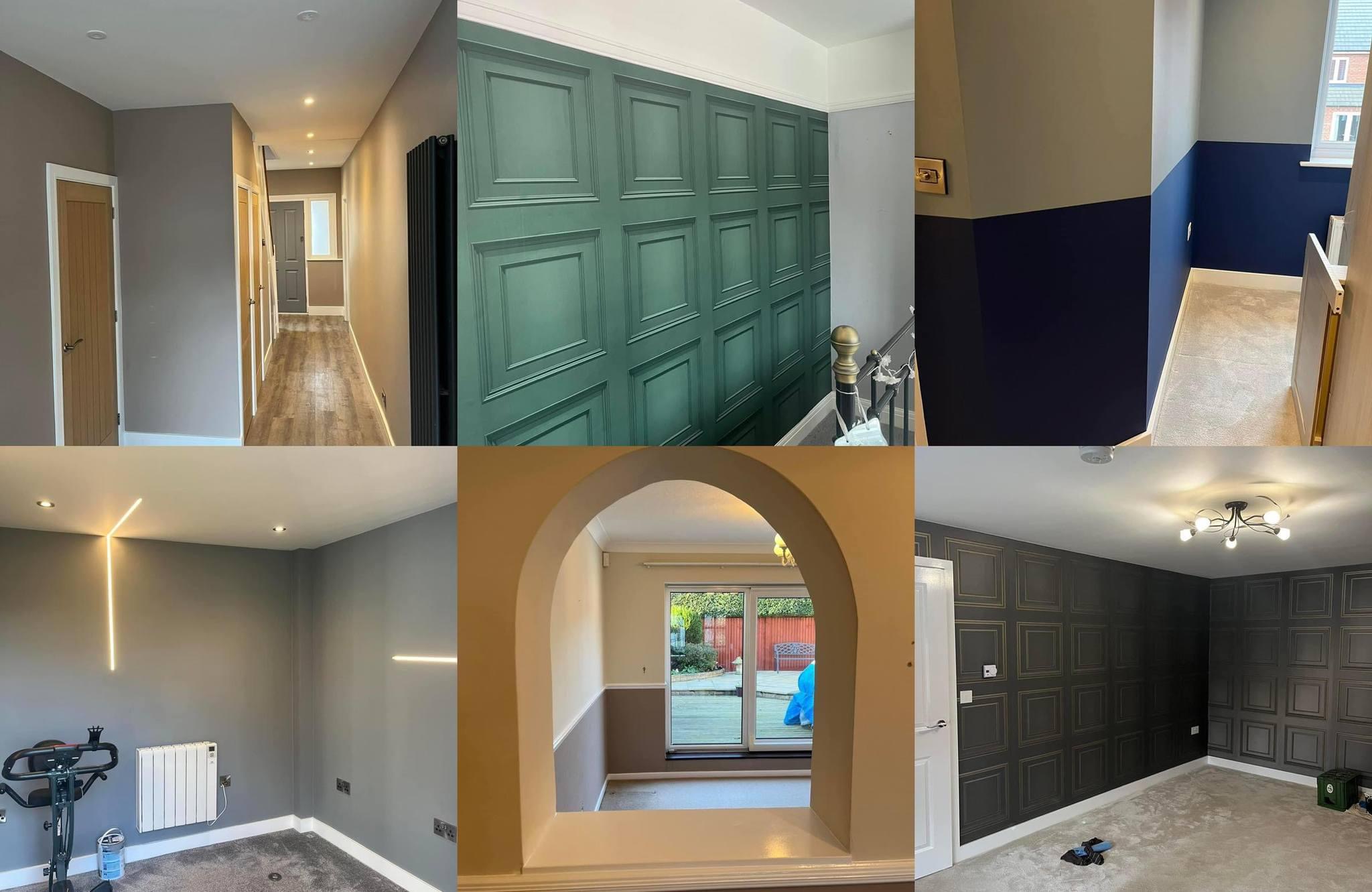 Six finished rooms: green panelling, a navy wall, an arch, grey walls and dark panelling